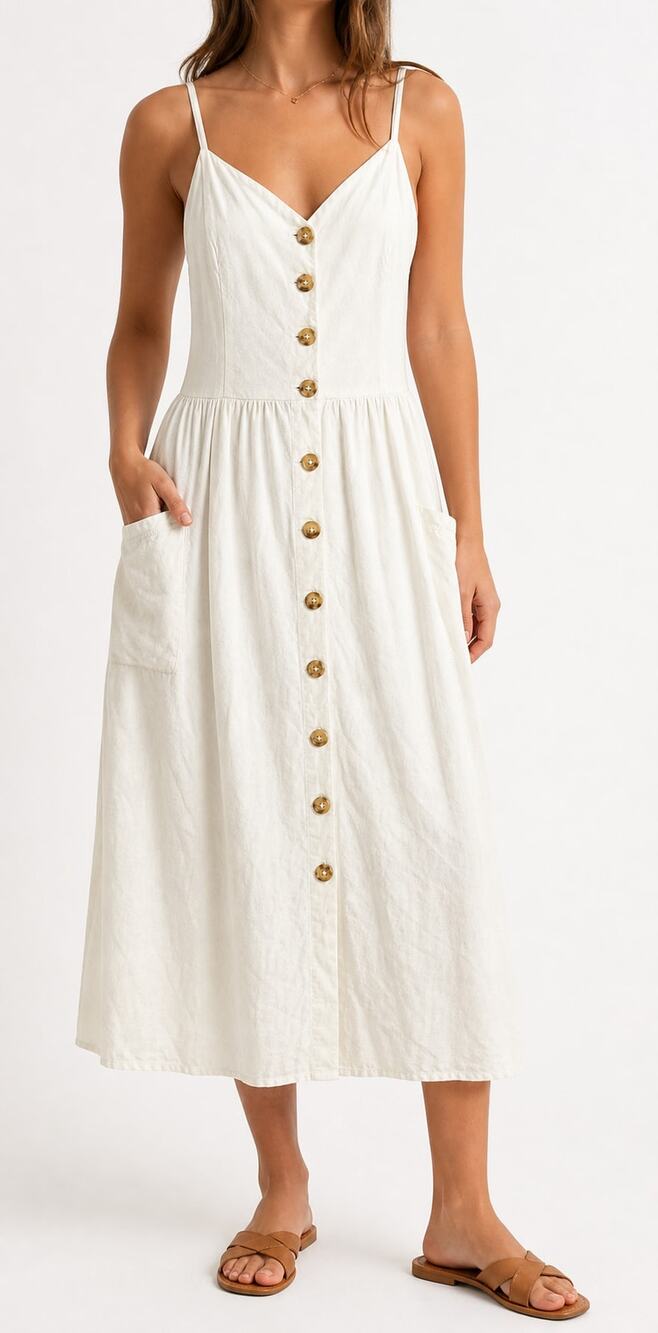Cooperative Women's Linen Blend Button Front Midi Dress White S Pockets Summer